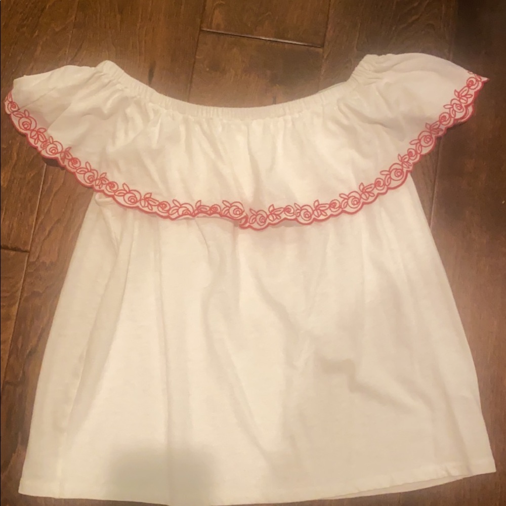 J Crew off the shoulder white blouse with red flowers